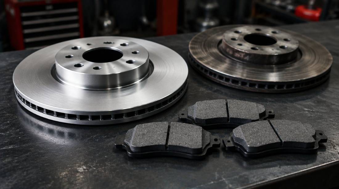 Disques et plaquettes de frein neufs à côté d'un disque usé