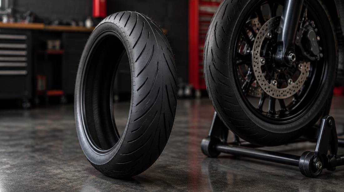 Pneu de moto neuf posé à côté d'une moto sur béquille d'atelier